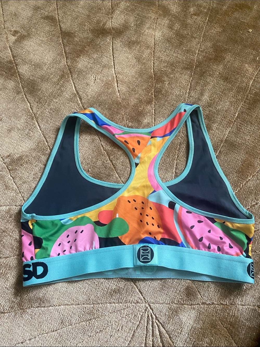 PSD Multicolor Fruit-Pattern Racerback Sports Bra with Aqua Band - Picture 2 of 6